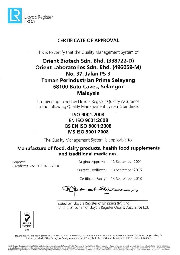 Giấy xác nhận đạt tiêu chuẩn chất lượng của phòng nghiên cứu VLIVE đặt tại Malaysia